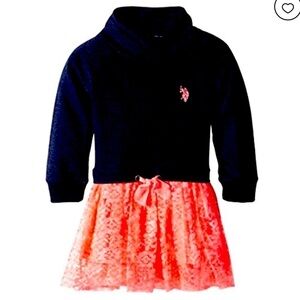 U.S. Polo Assn. Girls French Terry Blue Dress w/ Neon Pink Lace Skirt Size 3T